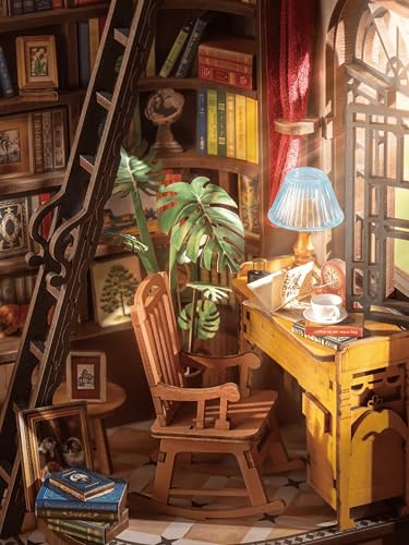 Rolife Book Nook Miniature Kit for Building DIY Booknook Silent Corner Study 3D Wooden Puzzle with Lights Decoration Bookcase Home Model Making for Adults Diorama Modeling