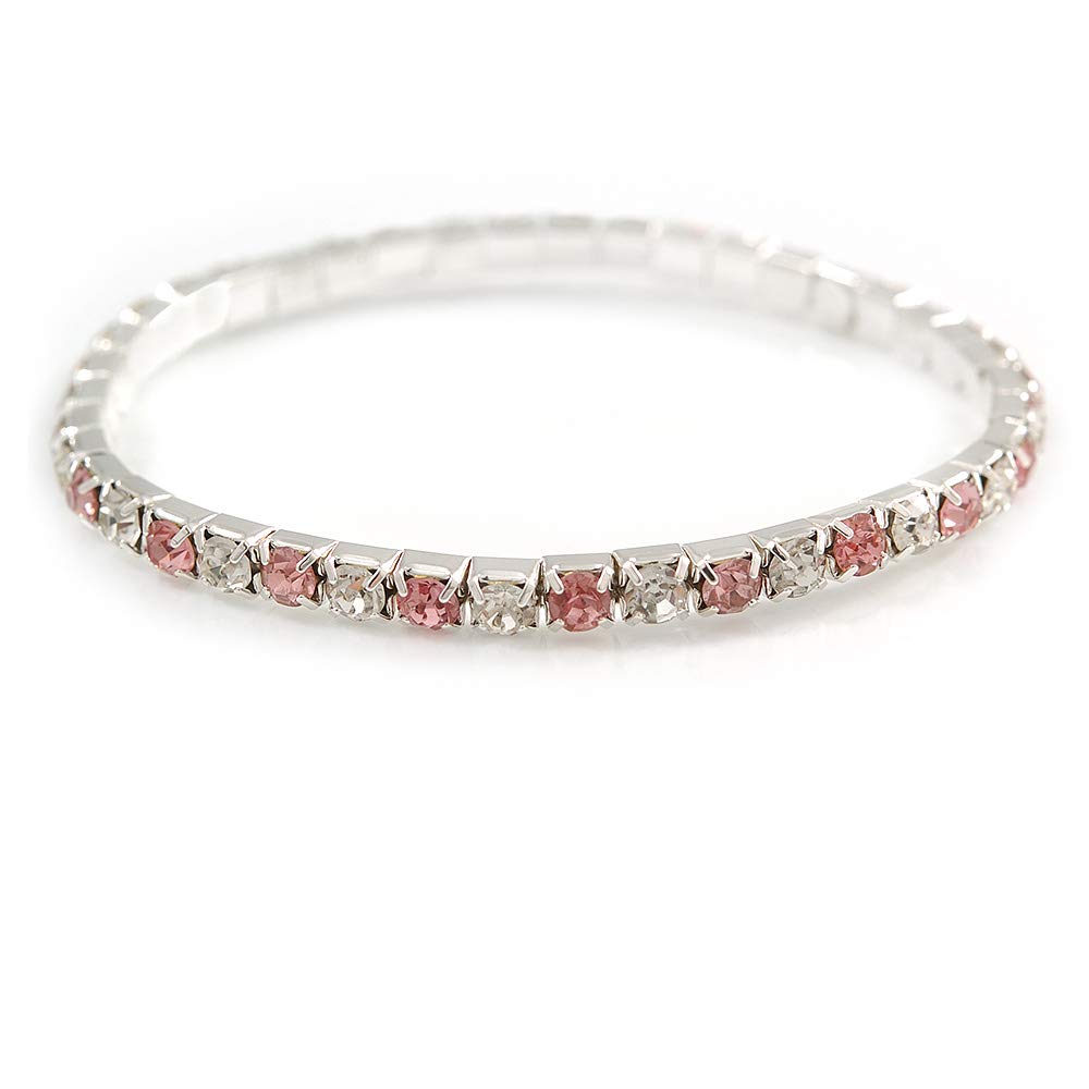 Avalaya Slim Pink/Clear Crystal Flex Bracelet/Silver Tone/Size S/M