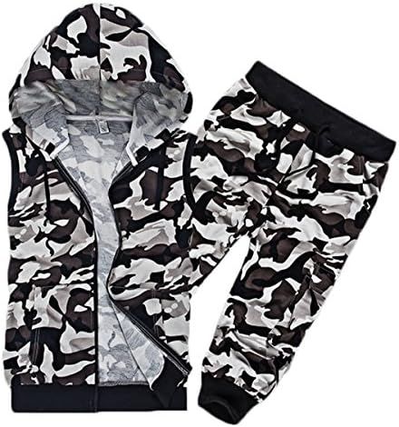 JUBILATE Men's Camouflage Zip Up Hoddie Top Sleeveless Sweatshirt and Shorts Clothing Set (White, XXL)