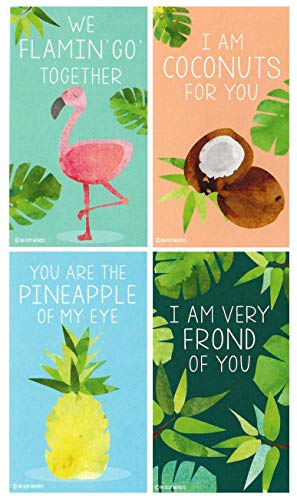 Mini Tropical Flamingo Pineapple Palm Leaf Coconut Valentines (Set Of 24 Wallet-Sized Cards) For Valentines Day By Nerdy Words