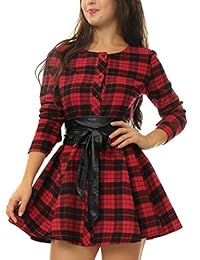 Vestido camisero con cuello en V y manga larga con botones a cuadros de Allegra K para mujer