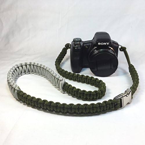 Olive Green and Silver Gray Paracord DSLR Premium Digital Camera Neck Shoulder Safety Strap With Choice Of Length and Metal Buckle Color