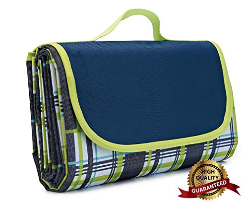 Extra Large Picnic Blanket with Tote,Foldable and Waterproof Sandproof Handy Mat for Outdoor Hiking Beach Travel Camping on Grass Plaid Green