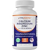 Vitamatic Calcium Magnesium Zinc D3 Boron | 365 Coated Tablets Supplement | Calcium 1200 mg, Magnesium 420mg, Zinc 25mg, Vitamin D3 1000 IU, Boron 1 mg | Non-GMO | Gluten Free | Made in USA