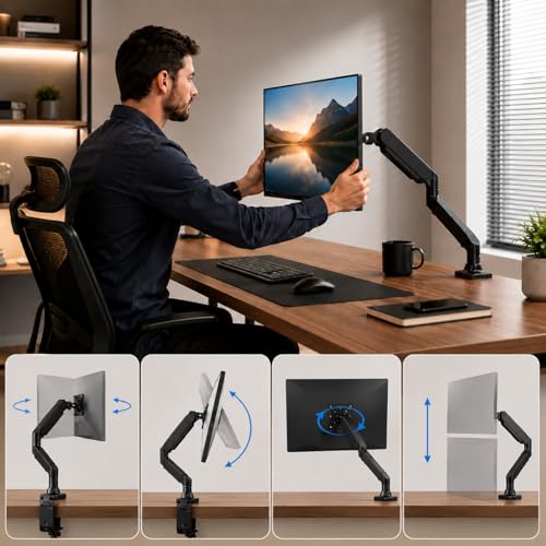 Suporte Articulado para Monitor com Pistão a Gás 10" a 35" | Braço Ergonômico de Mesa com Morsa | Ajuste de Altura, Inclinação 90° e Rotação 360° | VESA 75x75 e 100x100 | Suporta até 9kg