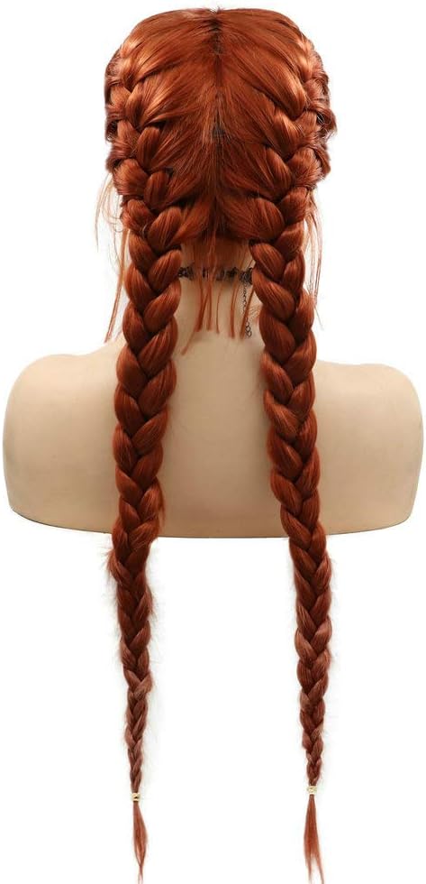 SereneWig Ladies 360# Dark Orange Double Braids Wigs with Baby Hair Synthetic Lace Front Wigs for Women Cosplay Daily Festival Copper Orange Braided Wigs Drag Queen