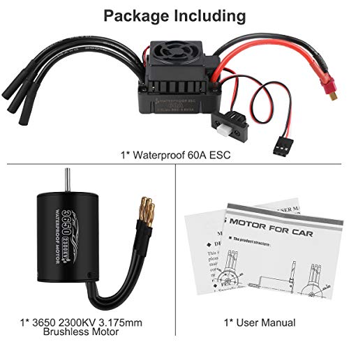 Innovateking 3650 2300KV Sensorless Brushless Motor 3.175mm and 60A Waterproof Brushless ESC Motor Electrical Speed Controller Combo for 1/10 RC Car - Thumbnail 7