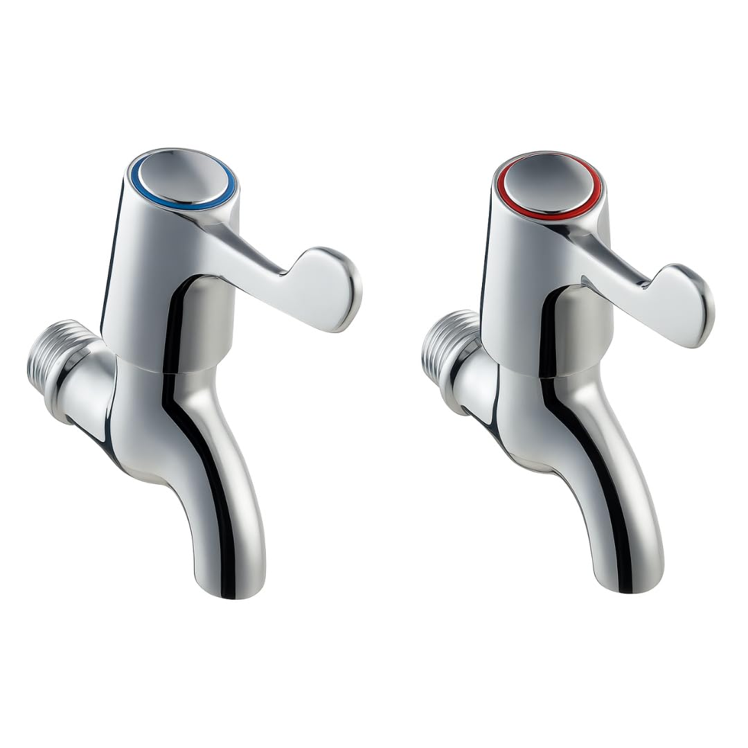Heavy Duty Chrome Lever Action Bib Taps Pair | Hot & Cold Wall Mounted Taps | 250g Each Durable Brass Construction | Smooth 1/2" Cartridge Operation with Guarantee | for Bathroom Bib Taps