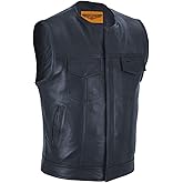 Club Vest SOA Mens Genuine Leather Motorcycle Vest with Multiple Pockets, Black Biker Cut for Riding