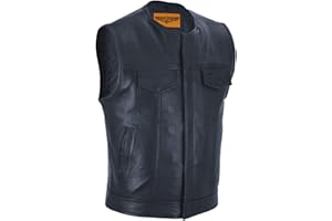 Club Vest SOA Mens Genuine Leather Motorcycle Vest with Multiple Pockets, Black Biker Cut for Riding
