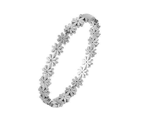 Women Bracelet Titanium Steel Daisy Bracelet with Zircon Inlay – Hypoallergenic Floral Jewelry Gift for Women & Girls, Everyday Wear Silver-Tone Charm for Mom & Friend