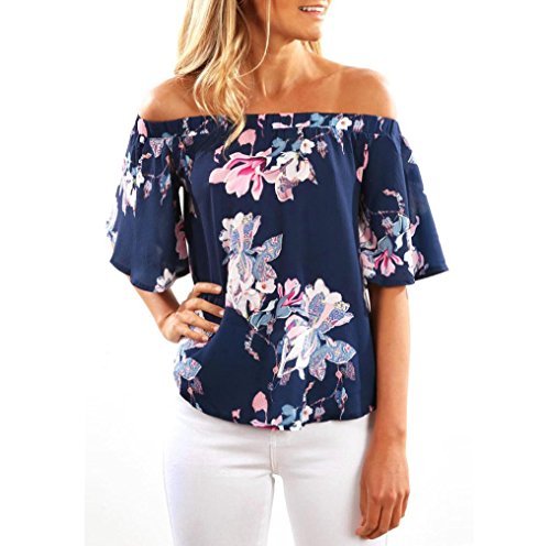 TAORE Fashion Sleeveless Women Off Shoulder Floral Printed Blouse Casual Tops T Shirt (L, Navy)