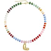 Hoifu Elegant Boho Colorful Beaded Necklace with Gold Bubble Letter A-Z Pendant,Handmade Trendy Summer Beach Initial Necklace Chain,14K Gold-Plated Natural Stone Choker, Perfect Festival Jewelry Gift for Women