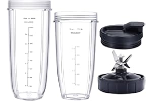 VGEFC Blender Replacement Parts for Ninja, 32oz&24oz Cup and with Lids New, 7 Fins Extractor Blade, for Nutri Ninja Auto iQ BN801 BL640-30 BL642-30 (4 Pcs)