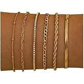 Tornito 6Pcs Gold Bracelets for Women 14K Gold Plated Stainless Steel Chain Bracelets Stackable Paperclip Satellite Figaro Box Rope Herring bone Link Bracelets Jewelry Sets 6.5 Inches Silver Gold Tone