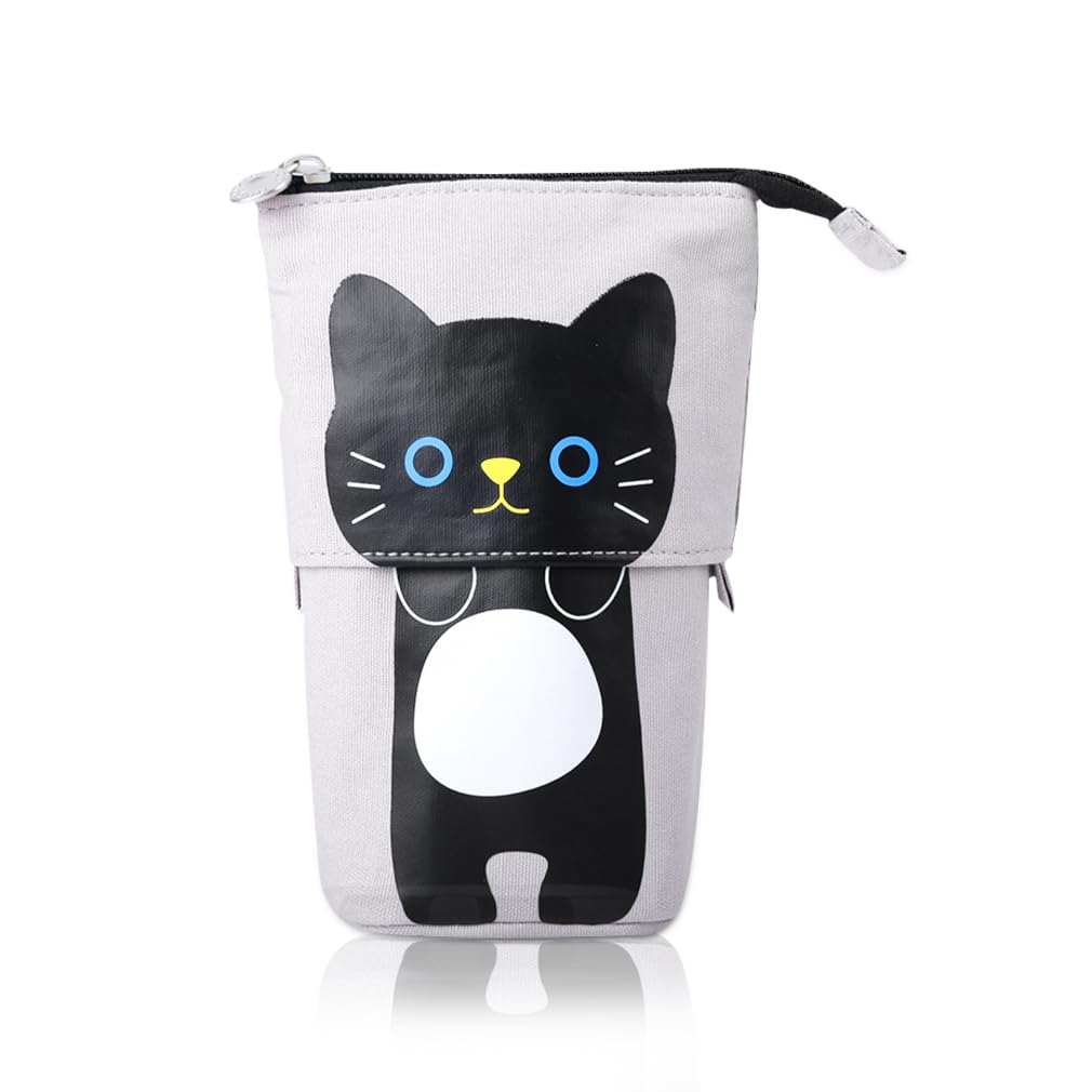 iSuperb Stand Pencil Case Transformer Canvas Pen Bag Holder Pouch Funny Cute Make Up Bag 19x12.5x7.5cm (Gray)