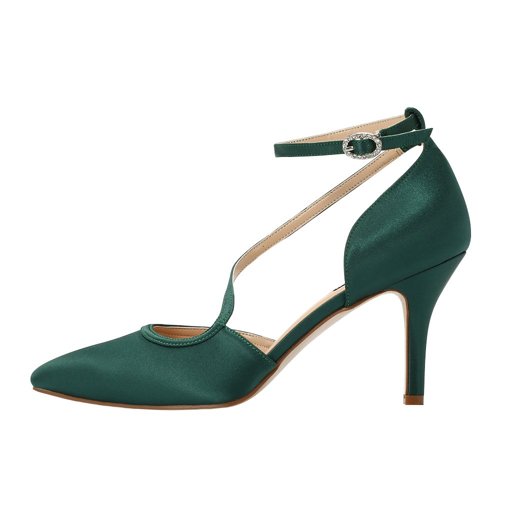 ERIJUNOR Women Comfortable Mid Heel Ankle Strappy Dress Pumps Pointed Toe Satin Wedding Evening Party Shoes - Image 3