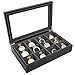 Tech Swiss Pocket Watch Box Display Case Wood Large Compartments Glass Window (Black)