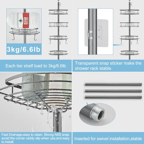 DUFU Telescopic Metal Shower Shelf with 4 Trays Adjustable Suitable for Ceilings from 85 to 325 cm Height for Organizing Bathtub or Bathroom Grey
