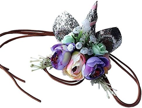 Baby Unicorn Headdress | Floral Headbands for Cosplay Costume Makeup Party (Silver and Flowers)