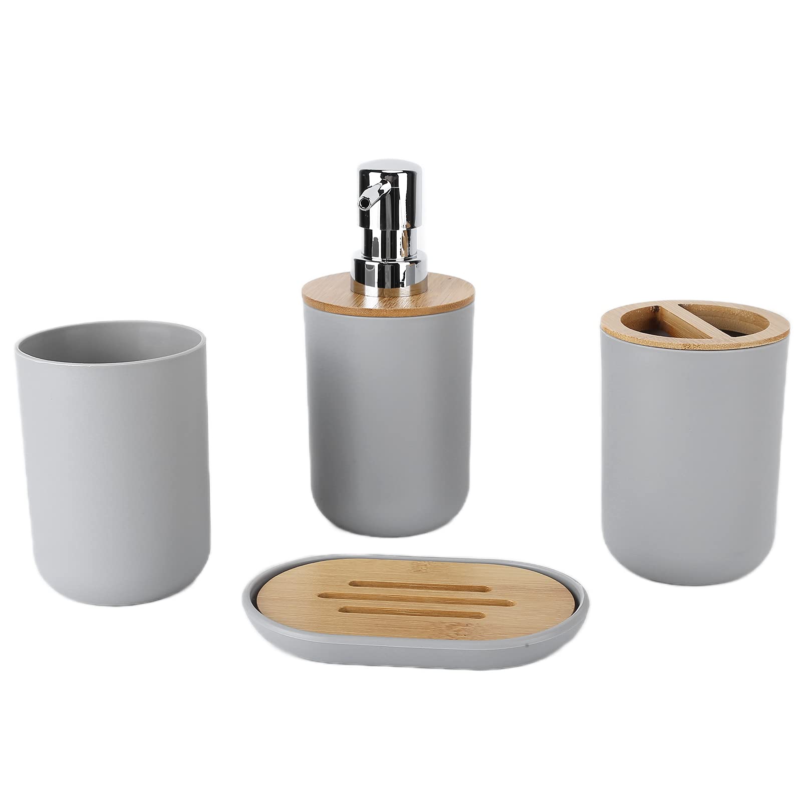 Garosa 4Pcs Bathroom Accessory Set Bamboo Waterproof Durable Gift Set Plastic Toothbrush Cup Lotion Dispenser Soap Box Tooth Mug for Home Hotel (grey),Soap Dispenser Soap Dispenser