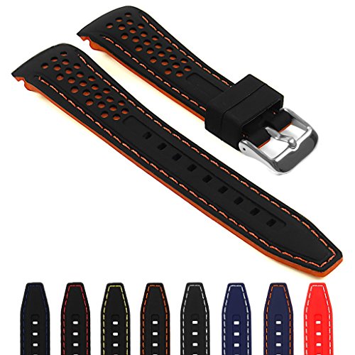 StrapsCo Rubber Perforated Rally Watch Strap Band w/ Curved Ends, Black & Orange, 20mm