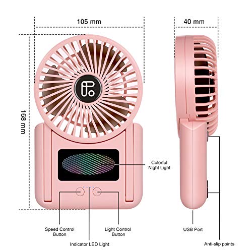 Handheld Small Fan, 4000mAh 5-23 Working Hours, USB Rechargeable Quiet 3 Speeds Mode Night Light Battery Protection, Folding and Portable Table Personal Fan for Travel Office Indoor Ourdoor (Pink)