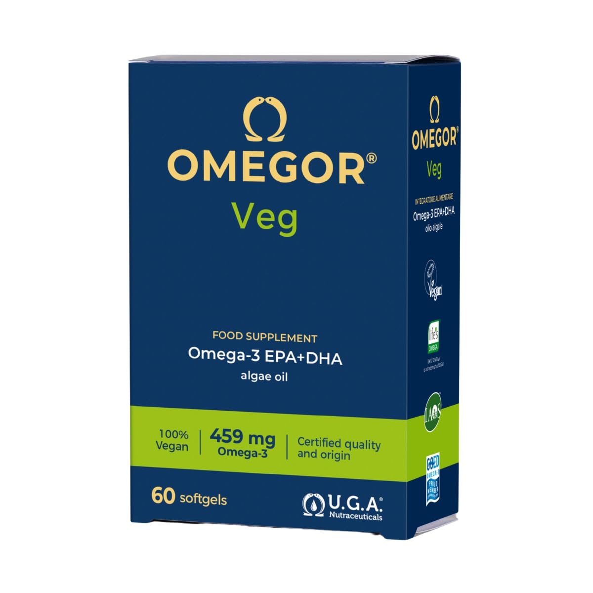 Vegan Omega 3 OMEGOR Veg - Algae Oil Omega3 Capsules Certified by IFOS and Vegan Society - 250mg EPA and 125mg DHA with Vitamin E (60 Caps)