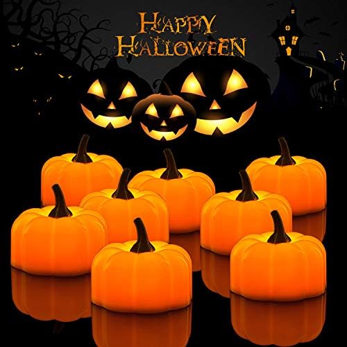 Lighting - Halloween 12 Pack LED Pumpkin Lights, Jack-O'-Lantern, Small Orange Flickering Tea Lights, for Halloween, Fall Festival Decorations