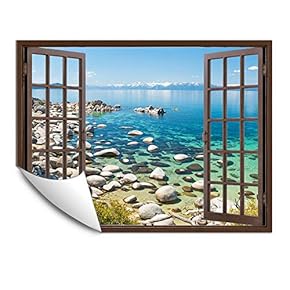 Wall Murals for Bedroom Fake Window Beach Brown Window Removable Wallpaper Peel and Stick Wall Stickers - 24x32 inches