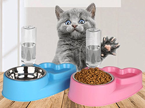Popowbe Double Pet Bowls Stainless Steel Dog Bowl with No Spill Skidstop Silicone Mat Dog Cat Food Water Feeder with Automatic Water Bottle Pink-160g - Thumbnail 7