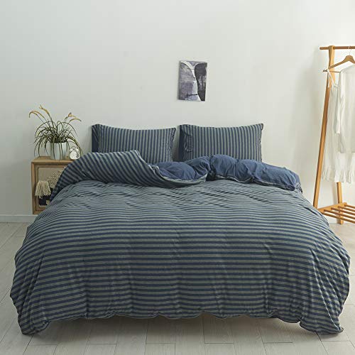 DONEUS Navy Duvet Cover Queen(90x90 inch), Jersey Knit Cotton Duvet Cover Set 3 Piece Stripes