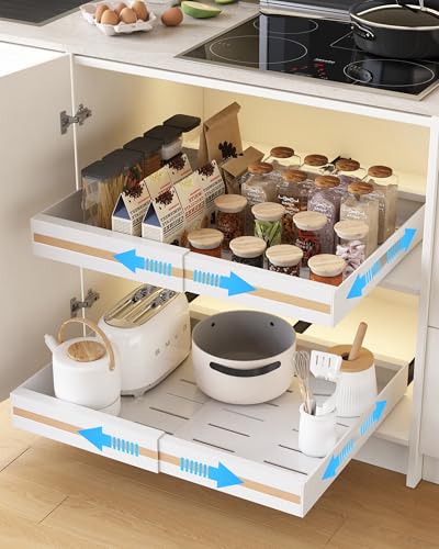 UMDONX 2 Pack Expandable Pull out Cabinet Storage Organizer Kitchen Cupboard Drawers, No Drill Adhesive Pantry Shelf Peel and Stick Sliding Rack(Durable Metal White Load 65LBS)
