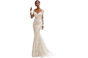 LJEUYDS Lace Wedding Dresses for Bride 2024 Mermaid Long Sleeves Wedding Gowns Appliques Boho Beach Bridal Gowns with Train