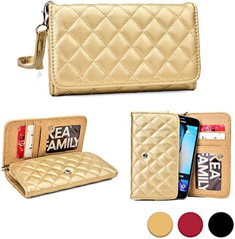 Cooper Cases(TM) Quilted Women's Clutch Lenovo A516/A526/A606/A680/A706/A800/A820/A830/ Smartphone Wallet Case in Gold (Detachable Lanyard Strap; Credit Card/ID Slots, Slip Pockets)