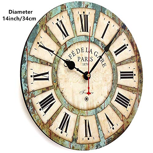 Qukueoy 14 Inch Silent Round Wooden Wall Clock Rustic Country Style, Battery Operated, Vintage Farmhouse Wall Decor for Living Room，Kitchen, Bedroom, or Office
