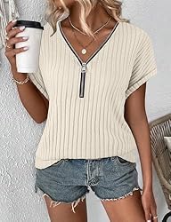 Koscacy V Neck Blouses Women's 1/4 Zip T-Shirts