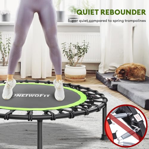 ONETWOFIT 107/114cm Trampolín de Rebote para Adultos, Mini trampolín silencioso para Ejercicio en Interiores al Aire Libre, trampolín de Fitness con Rebote Bungee Verde