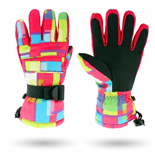 SF.Z Ski Gloves, Snowboard Cycling Snowmobile Biking Athletic Gloves, Waterproof Windproof Snow Proof Warm Breathable Fashion Comfortable Flexible Gloves for Women(Rose Red Grid/Medium)