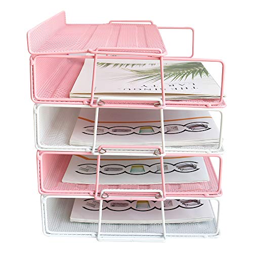 4 Tier Reinforce Stackable Paper Document Letter Tray Desk Organizer, New Design Metal Mesh File Holder Organizer for Home Office School, Folders Letters Paper Storage Pink (Color)