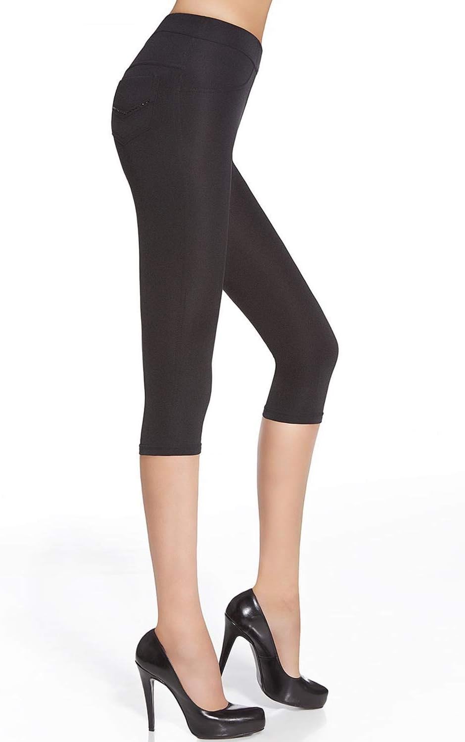 Leggings Capri Pants with Rhinestone Blue Bottom Size L Black - Image 5