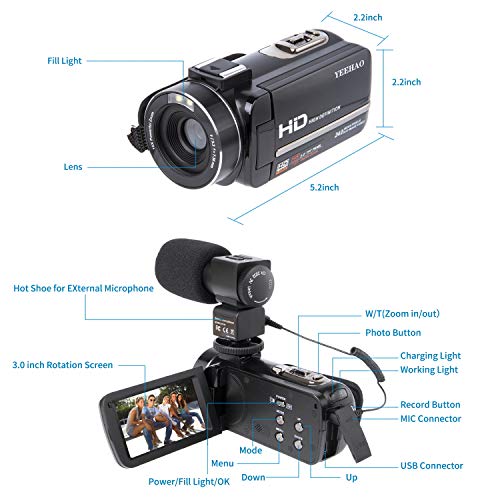 Camcorder Digital Video Camera Recorder Vlogging Camera Camcorder with Microphone YEEHAO 3.0 Inch Screen HD 24MP 1080P 30fps and 2 Batteries(303Sm)