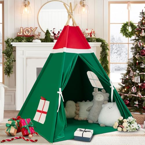 WIRHAO Christmas Tent for Kids with Padded Mat Cotton Canvas Teepee Tent Indoor for Toddlers Kids Play Tent for Girls Boys with Stars Lights, Carry Bag, Banner Flag (Christmas)