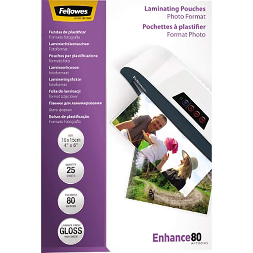 Fellowes Enhance 10x15cm 80 Micron Glossy Laminating Photo Pouches (Pack of 25)
