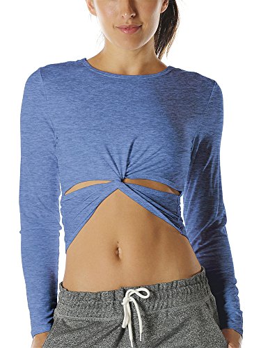 icyzone Long Sleeve Crop Tops for Women - Activewear Workout Yoga Gym Lounge T Shirts (Denim, L)