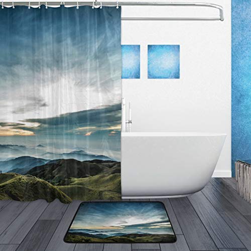 LORVIES Lanscape Bathroom Set, Polyester Fabric Shower Curtain (72 X 72 Inch) with Bath Mats Rugs(15.7 X 23.6 Inch)-12 Rings