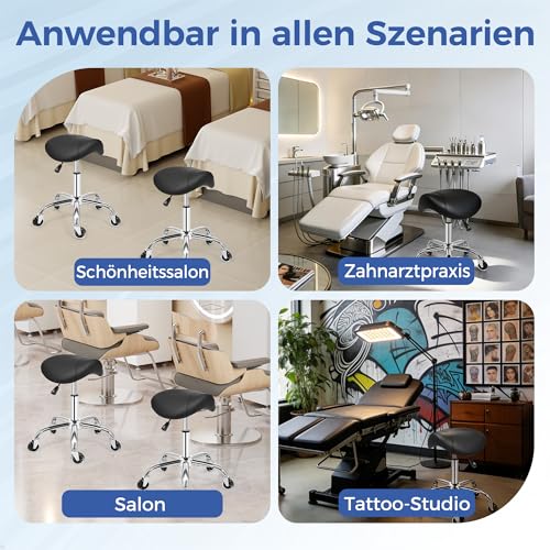 ANWBROAD WSS001B Saddle Stool with Wheels 360° Swivel Stool Silent Wheels Height Adjustable Roll Stool up to 205 kg Ergonomic Thick Leather Wide Seat for Beauty Salons, Salons, Spa and Clinics Black