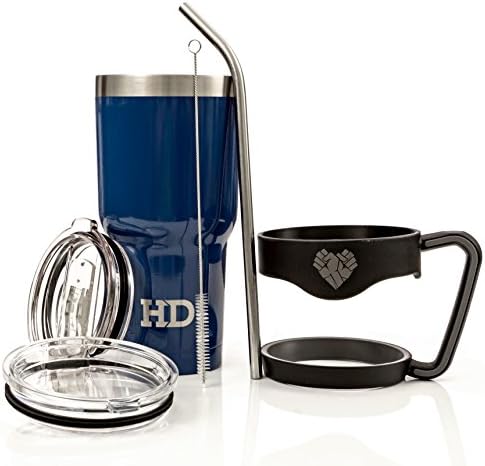HD Powder Coated Blue 30 Oz Stainless Steel Vacuum Insulated Ultimate Tumbler Set (Includes Double Wall Mug, Handle, Sliding Lid, Standard Lid, Angled Straw and Pipe Brush)