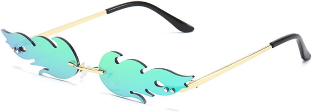 Fashion Fire Flame Sunglasses, Women Men Rimless Wave Sun Glasses Eyewear Luxury Trending Narrow Sunglasses Streetwear,Suitable for outdoor (green pink)