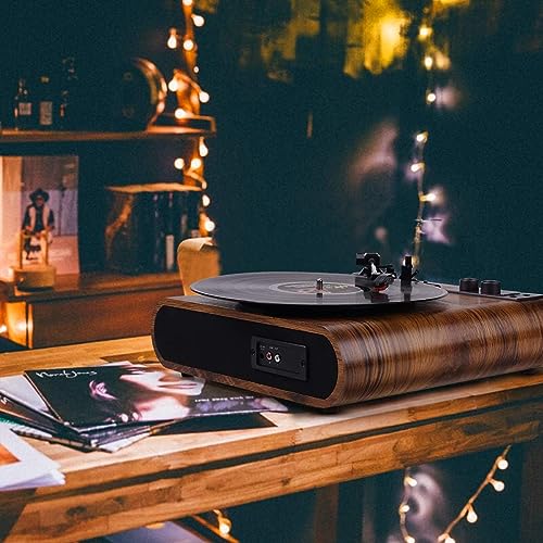 Vinyl Record Player with Built-in Bluetooth Speakers Vintage Style 3 Speed Vinyl Player Retro Portable Disc Player, RCA AM FM Headphone Jack, Walnut Wood